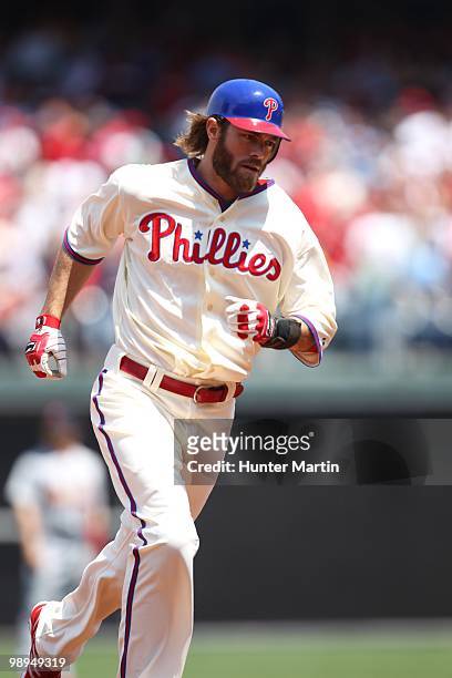 Right fielder Jayson Werth of the Philadelphia Phillies rounds the bases after hitting a home run during a game against the St. Louis Cardinals at...