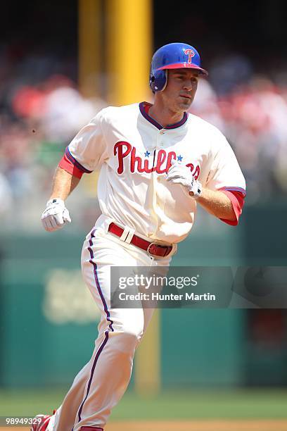 Second baseman Chase Utley of the Philadelphia Phillies runs to third base during a game against the St. Louis Cardinals at Citizens Bank Park on May...