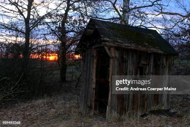 eine alte, morsche, windschiefe schutzhütte im feld - alte photos stock pictures, royalty-free photos & images