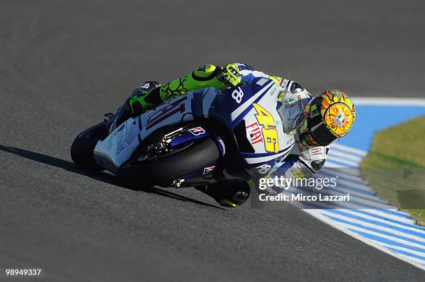 Valentino Rossi of Italy and Fiat Yamaha Team rounds the bend during the second day of test at Circuito de Jerez on May 1, 2010 in Jerez de la...