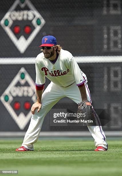 Right fielder Jayson Werth of the Philadelphia Phillies plays the outfield during a game against the St. Louis Cardinals at Citizens Bank Park on May...