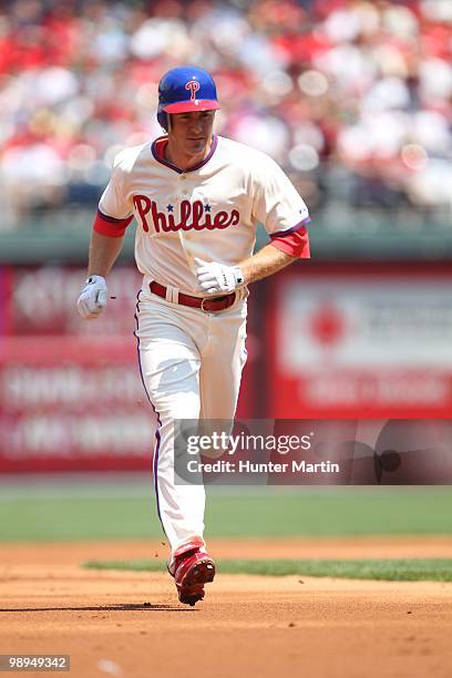 Second baseman Chase Utley of the Philadelphia Phillies runs to third base during a game against the St. Louis Cardinals at Citizens Bank Park on May...