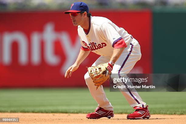 Second baseman Chase Utley of the Philadelphia Phillies sets in fielding position during a game against the St. Louis Cardinals at Citizens Bank Park...