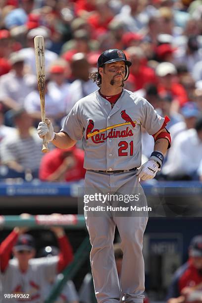 Catcher Jason LaRue of the St. Louis Cardinals bats during a game against the Philadelphia Phillies at Citizens Bank Park on May 6, 2010 in...