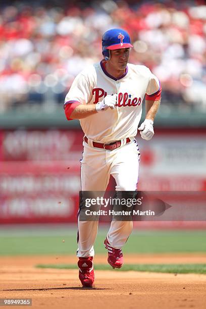 Second baseman Chase Utley of the Philadelphia Phillies runs to third base during a game against the St. Louis Cardinals at Citizens Bank Park on May...