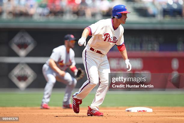 Second baseman Chase Utley of the Philadelphia Phillies takes a lead off second base during a game against the St. Louis Cardinals at Citizens Bank...