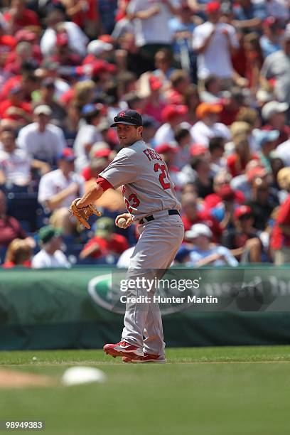 Third baseman David Freese of the St. Louis Cardinals throws to first base during a game against the Philadelphia Phillies at Citizens Bank Park on...