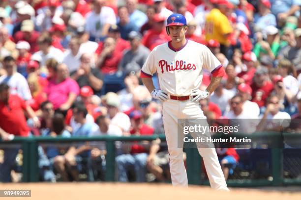 Second baseman Chase Utley of the Philadelphia Phillies stands on first base during a game against the St. Louis Cardinals at Citizens Bank Park on...