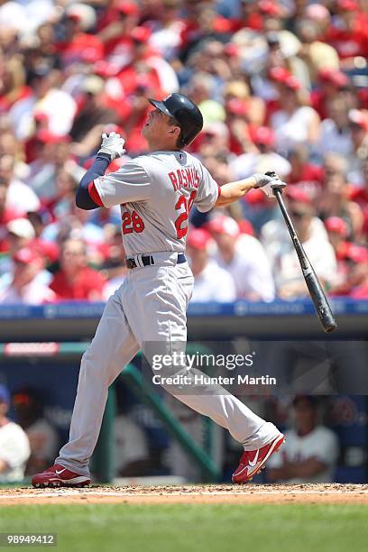 Center fielder Colby Rasmus of the St. Louis Cardinals bats during a game against the Philadelphia Phillies at Citizens Bank Park on May 6, 2010 in...