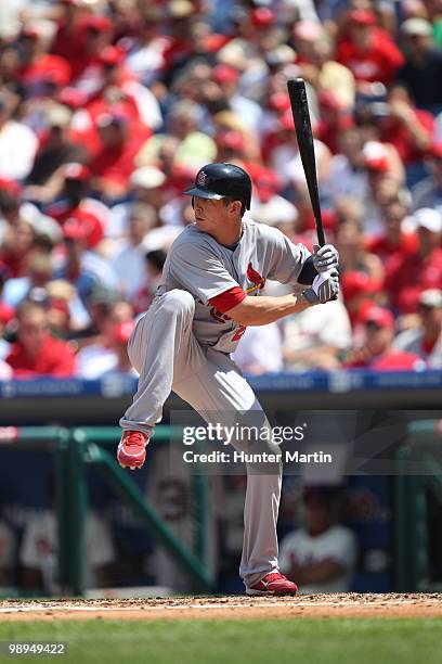 Center fielder Colby Rasmus of the St. Louis Cardinals bats during a game against the Philadelphia Phillies at Citizens Bank Park on May 6, 2010 in...