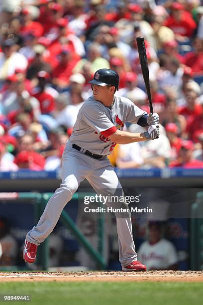 Center fielder Colby Rasmus of the St. Louis Cardinals bats during a game against the Philadelphia Phillies at Citizens Bank Park on May 6, 2010 in...