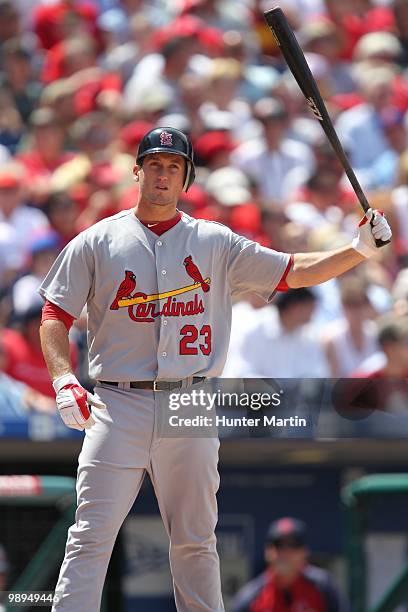 Third baseman David Freese of the St. Louis Cardinals bats during a game against the Philadelphia Phillies at Citizens Bank Park on May 6, 2010 in...