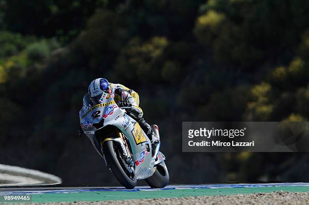 Thomas Luthi of Switzerland and Interwetten Moriwaki Racing heads down a straight during the second day of test at Circuito de Jerez on May 1, 2010...