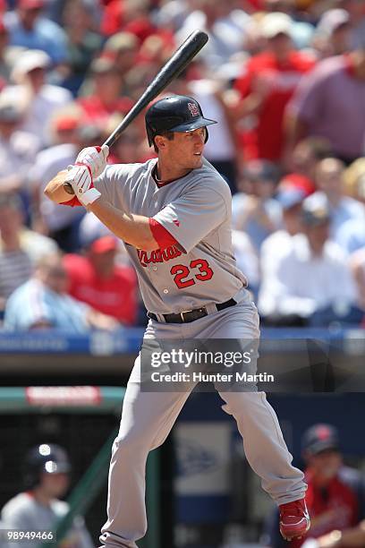 Third baseman David Freese of the St. Louis Cardinals bats during a game against the Philadelphia Phillies at Citizens Bank Park on May 6, 2010 in...