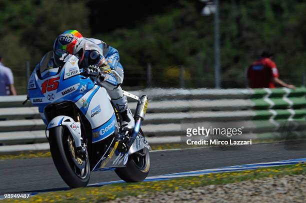 Alex De Angelis of San Marino and Scot Racing Team heads down a straight during the second day of test at Circuito de Jerez on May 1, 2010 in Jerez...