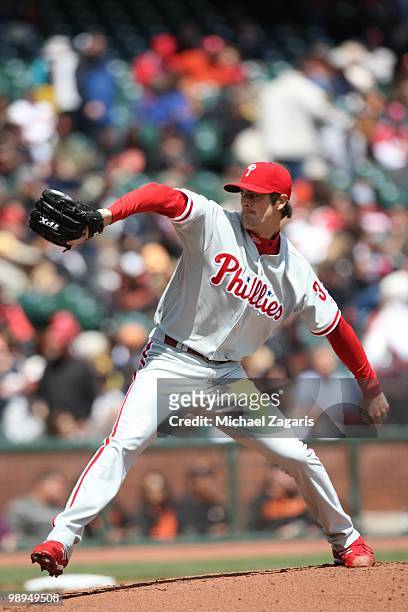 Cole Hamels of the Philadelphia Phillies pitching during the game against the San Francisco Giants at AT&T Park on April 28, 2010 in San Francisco,...