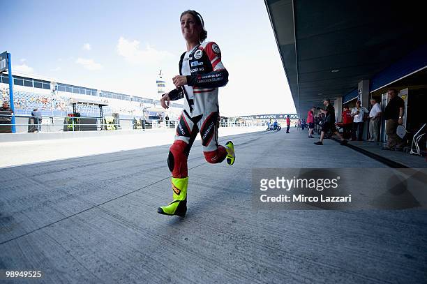 Dominique Aegerten of Switzerland and Technomag - STX runs on the pit during the second day of test at Circuito de Jerez on May 1, 2010 in Jerez de...