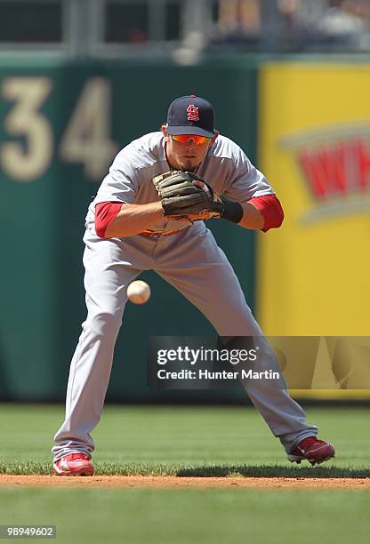 Shortstop Tyler Greene of the St. Louis Cardinals fields a ground ball during a game against the Philadelphia Phillies at Citizens Bank Park on May...