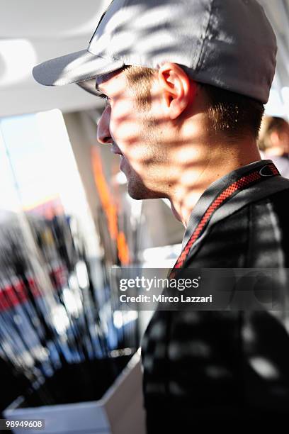 Thomas Luthi of Switzerland and Interwetten Moriwaki Racing looks on in hospitality during the second day of test at Circuito de Jerez on May 1, 2010...