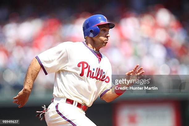 Left fielder Raul Ibanez of the Philadelphia Phillies rounds third base during a game against the St. Louis Cardinals at Citizens Bank Park on May 6,...