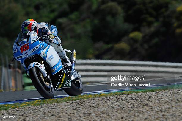 Alex De Angelis of San Marino and Scot Racing Team heads down a straight during the second day of test at Circuito de Jerez on May 1, 2010 in Jerez...