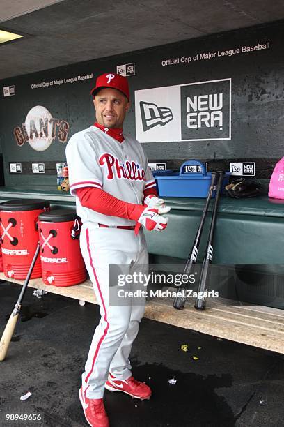 Placido Polanco of the Philadelphia Phillies standing in the dugout prior to the game against the San Francisco Giants at AT&T Park on April 28, 2010...