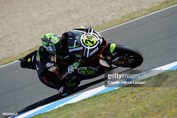 Toni Elias of Spain and Gresini Racing Moto2 rounds the bend during the second day of test at Circuito de Jerez on May 1, 2010 in Jerez de la...