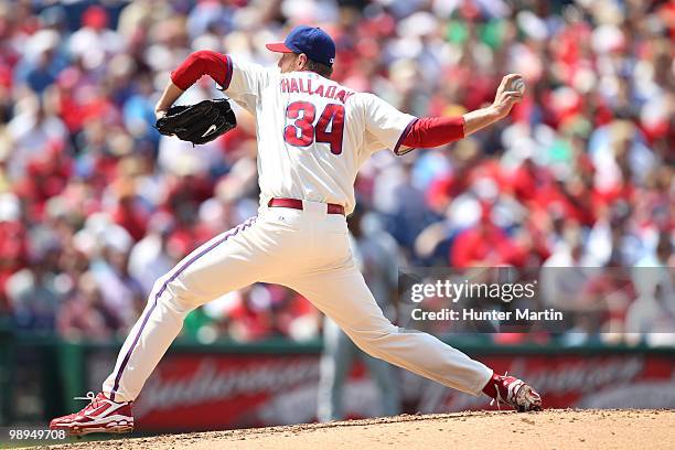 Starting pitcher Roy Halladay of the Philadelphia Phillies delivers a pitch during a game against the St. Louis Cardinals at Citizens Bank Park on...