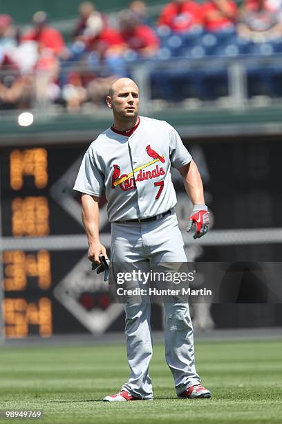 Left fielder Matt Holliday of the St. Louis Cardinals stands on the field during a game against the Philadelphia Phillies at Citizens Bank Park on...