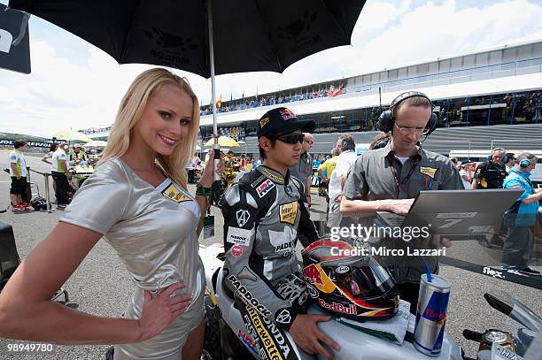 Hiroshi Aoyama of Japan and Interwetten MotoGP Team prepares on the grid before the MotoGP race at Circuito de Jerez on May 2, 2010 in Jerez de la...