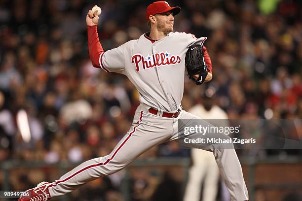 Roy Halladay of the Philadelphia Phillies pitching during the game against the San Francisco Giants at AT&T Park on April 26, 2010 in San Francisco,...