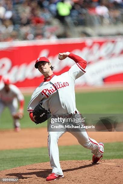 Cole Hamels of the Philadelphia Phillies pitching during the game against the San Francisco Giants at AT&T Park on April 28, 2010 in San Francisco,...