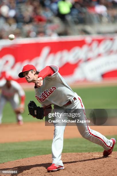 Cole Hamels of the Philadelphia Phillies pitching during the game against the San Francisco Giants at AT&T Park on April 28, 2010 in San Francisco,...