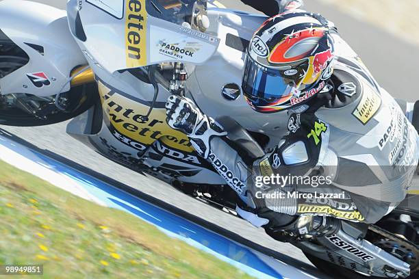 Hiroshi Aoyama of Japan and Interwetten MotoGP Team rounds the bend during the second day of test at Circuito de Jerez on May 1, 2010 in Jerez de la...