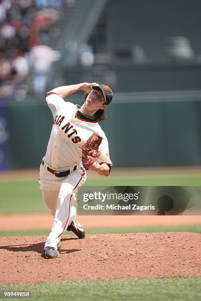 Tim Lincecum of the San Francisco Giants pitching during the game against the Philadelphia Phillies at AT&T Park on April 28, 2010 in San Francisco,...