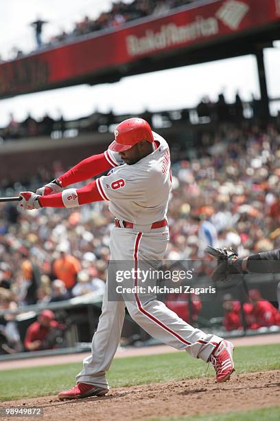 Ryan Howard of the Philadelphia Phillies hitting a home run during the game against the San Francisco Giants at AT&T Park on April 28, 2010 in San...