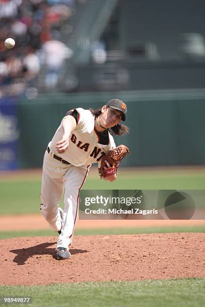 Tim Lincecum of the San Francisco Giants pitching during the game against the Philadelphia Phillies at AT&T Park on April 28, 2010 in San Francisco,...