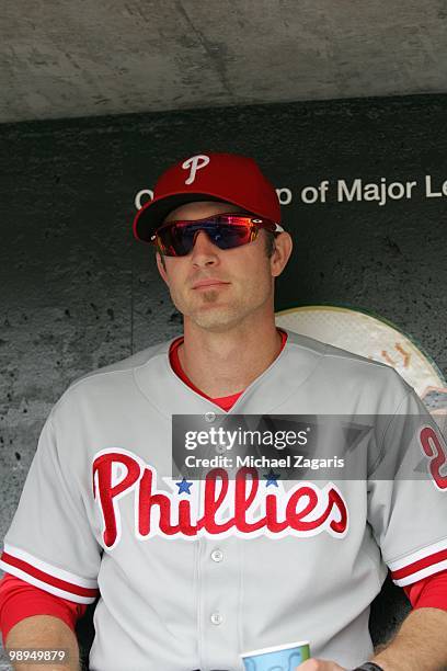 Chase Utley of the Philadelphia Phillies sitting in the dugout prior to the game against the San Francisco Giants at AT&T Park on April 28, 2010 in...