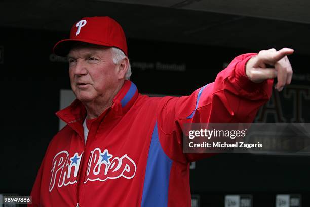 Manager Charlie Manuel of the Philadelphia Phillies standing in the dugout prior to the game against the San Francisco Giants at AT&T Park on April...