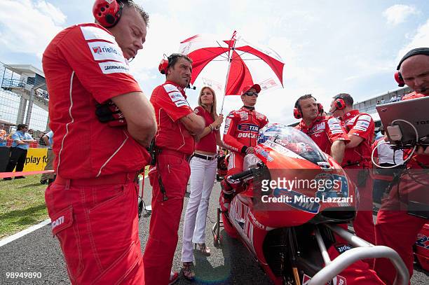 Casey Stoner of Australia and Ducati Marlboro Team prepares on the grid before the MotoGP race at Circuito de Jerez on May 2, 2010 in Jerez de la...