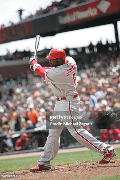 Ryan Howard of the Philadelphia Phillies hitting a home run during the game against the San Francisco Giants at AT&T Park on April 28, 2010 in San...