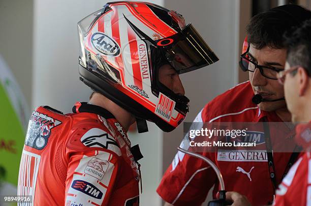 Casey Stoner of Australia and Ducati Marlboro Team arrives in box during the second day of test at Circuito de Jerez on May 1, 2010 in Jerez de la...