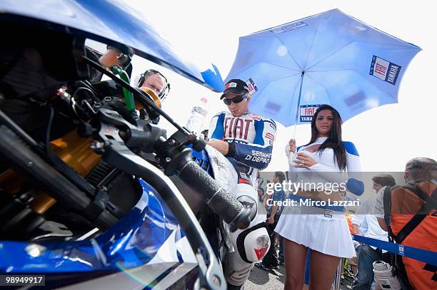 Jorge Lorenzo of Spain and Fiat Yamaha Team prepares on the grid before the MotoGP race at Circuito de Jerez on May 2, 2010 in Jerez de la Frontera,...