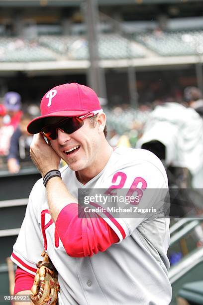 Chase Utley of the Philadelphia Phillies standing on the field prior to the game against the San Francisco Giants at AT&T Park on April 28, 2010 in...