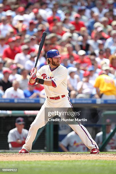 Right fielder Jayson Werth of the Philadelphia Phillies bats during a game against the St. Louis Cardinals at Citizens Bank Park on May 6, 2010 in...