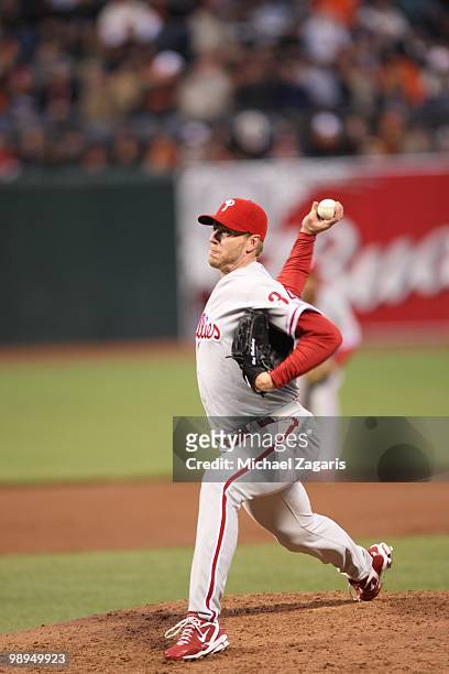 Roy Halladay of the Philadelphia Phillies pitching during the game against the San Francisco Giants at AT&T Park on April 26, 2010 in San Francisco,...