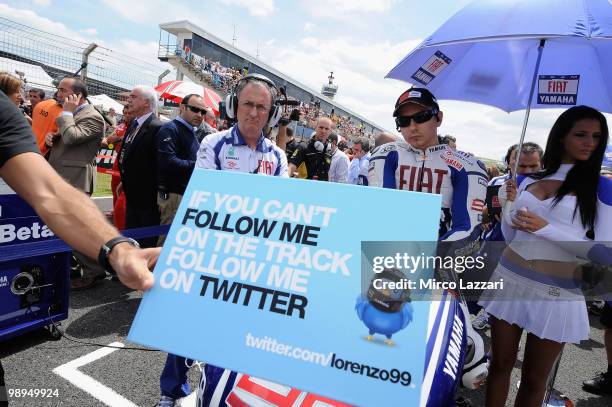 Jorge Lorenzo of Spain and Fiat Yamaha Team prepares on the grid before the MotoGP race at Circuito de Jerez on May 2, 2010 in Jerez de la Frontera,...