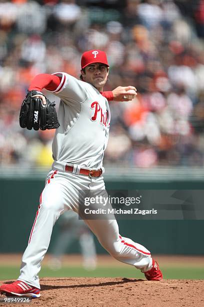 Cole Hamels of the Philadelphia Phillies pitching during the game against the San Francisco Giants at AT&T Park on April 28, 2010 in San Francisco,...