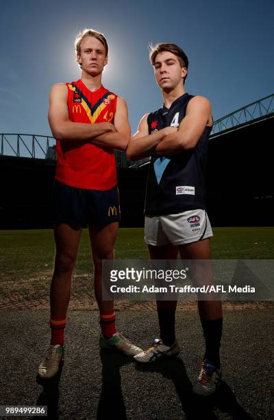 Rhylee West of Vic Metro and Jack Lukosius of South Australia pose for a photo ahead of the Grand Final match between the two teams to be held at...