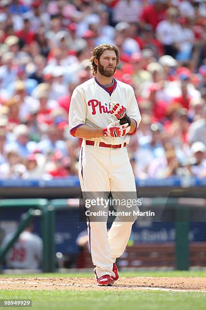 Right fielder Jayson Werth of the Philadelphia Phillies walks to the outfield after batting during a game against the St. Louis Cardinals at Citizens...